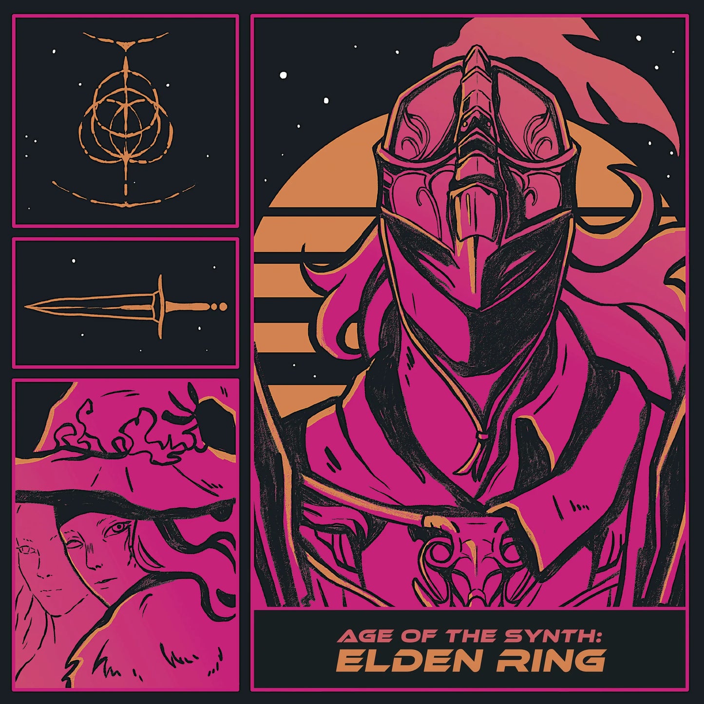 Illustration of a character from 'Elden Ring' with symbols and text on a pink and black background.