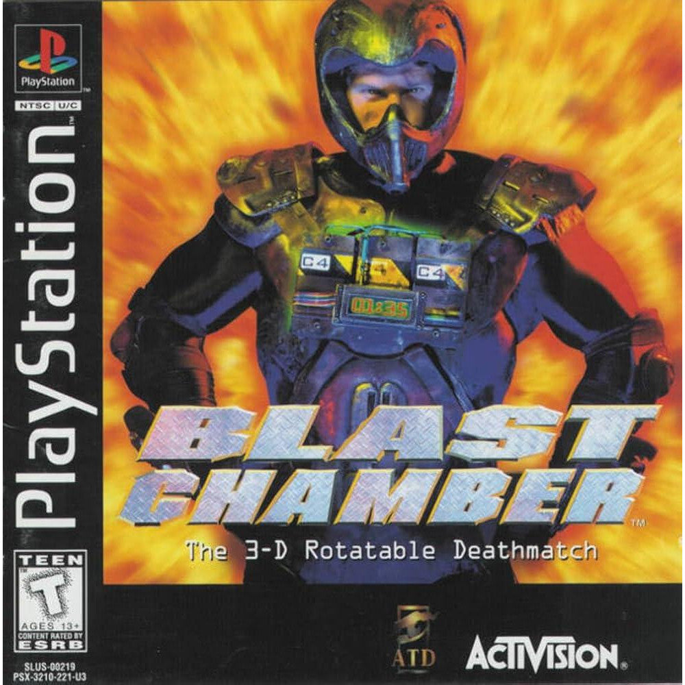 PlayStation game cover of 'Blast Chamber' featuring a character in futuristic armor.
