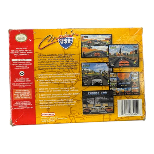 Box of 'Crash Test USA' video game for Nintendo, featuring images of cars and a map.