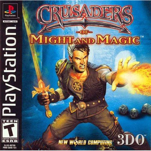 Game cover of 'Crusaders of Might and Magic' for PlayStation with a character holding a sword and casting a spell.