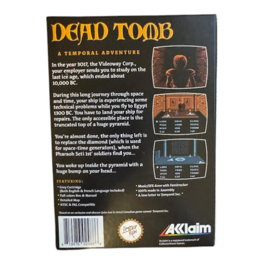 Back cover of a video game cartridge packaging for 'Dead Tomb' by Akalain