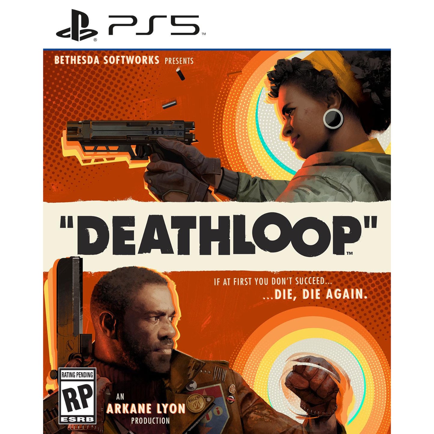 Game cover for 'Deathloop' by Bethesda Softworks with two characters and a gun on an orange and white background.