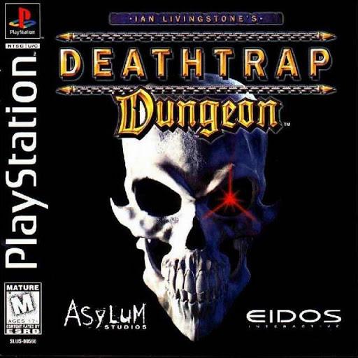 Game cover of 'Deathtrap Dungeon' for PlayStation with a skull and Eidos logo.