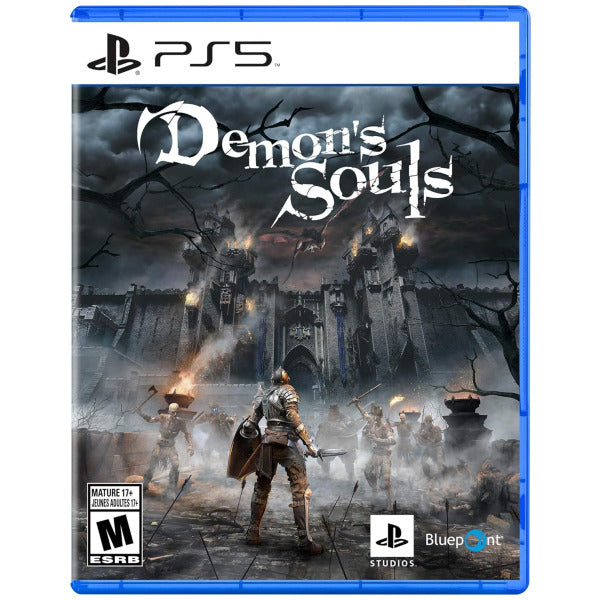 Game case for 'Demon's Souls' on PS5 with a dark, gothic castle and warrior character.
