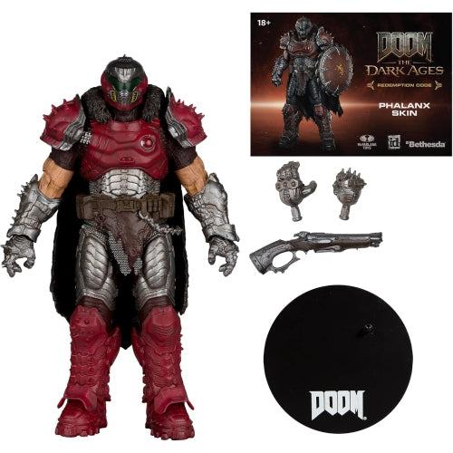 Action figure with red and silver armor, weapon, and packaging for 'Doom: The Dark Ages' on a white background.