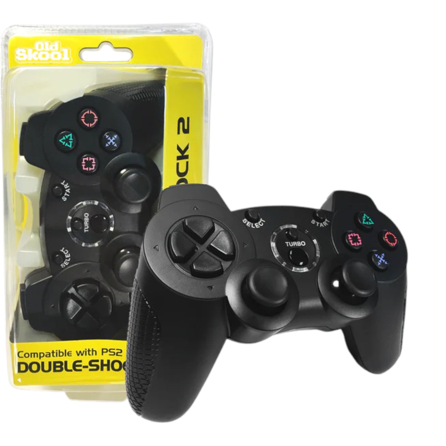 Black gaming controller with packaging labeled 'Old Skool' on a white background