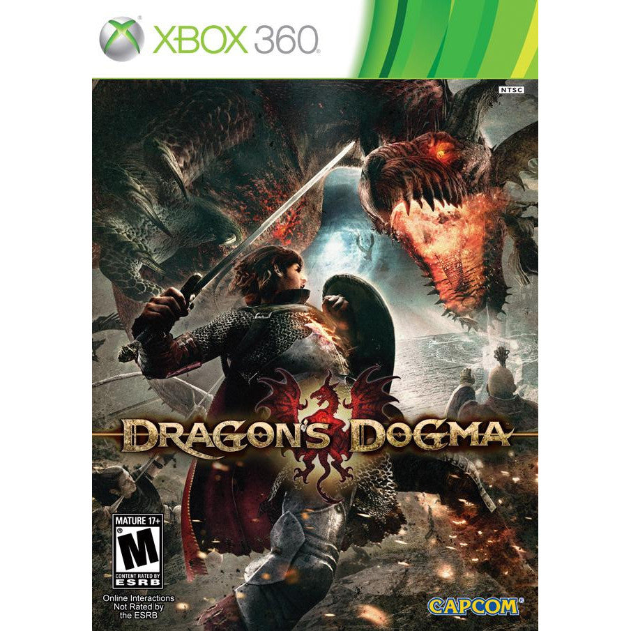Xbox 360 game cover for 'Dragon's Dogma' featuring a warrior and dragon.