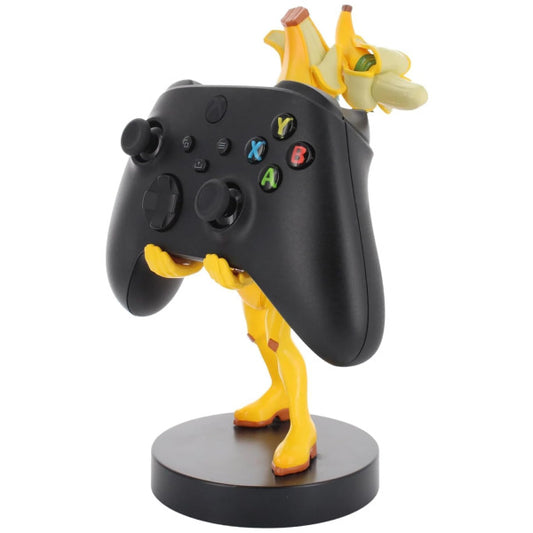 Gaming controller holder shaped like a banana with a face on a white background