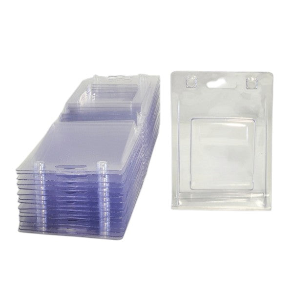 Stack of clear plastic card holders on a white background