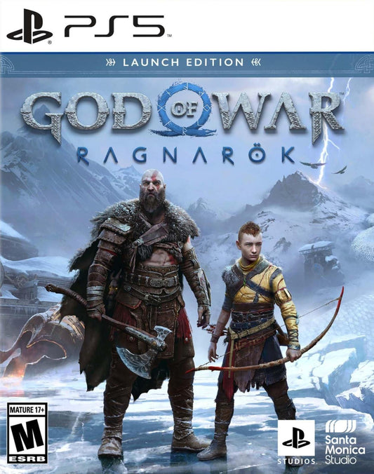 Game cover for 'God of War Ragnarök' on PS5 with two characters in a snowy landscape.