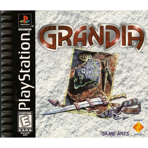 PlayStation game case for 'Grandia' with a fantasy design and branding.