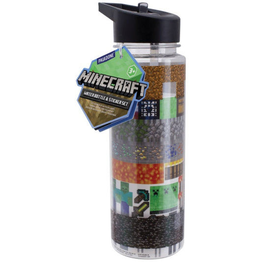 Minecraft Water Bottle With Black Lid & Sticker Set