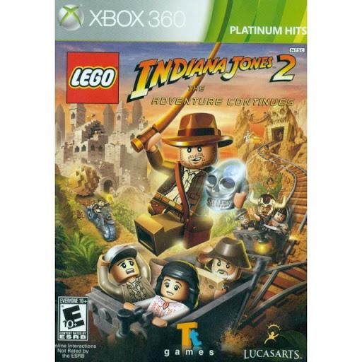 Cover of LEGO Indiana Jones 2 game for Xbox 360 with characters and adventure elements.