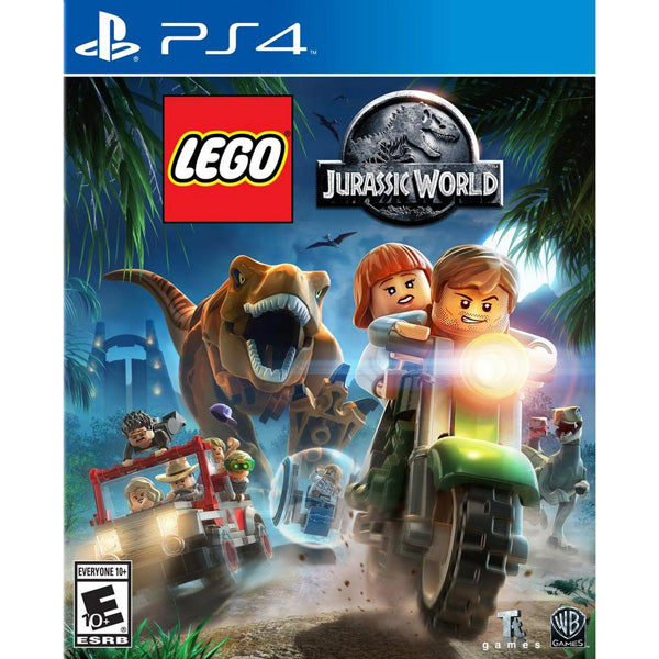 LEGO Jurassic World game cover for PS4 with characters and dinosaurs on a blue background