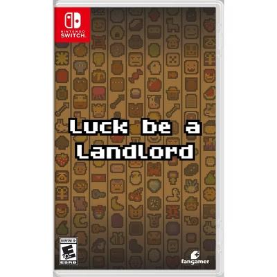 Game box for 'Luck be a Landlord' on Nintendo Switch with pixelated icons and Fangamer logo.
