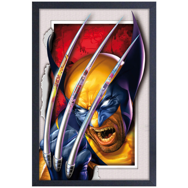 Framed artwork of a superhero with claws extended, featuring vibrant colors.