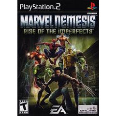 Marvel Nemesis: Rise of the Imperfects game cover for PlayStation 2 with characters and EA logo.