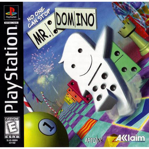 PlayStation game cover for 'Mr. Domino' with colorful dominoes and fireworks.