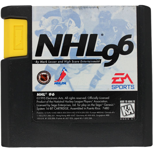 Sega Genesis cartridge for NHL 96 video game with NHL and EA Sports logos.
