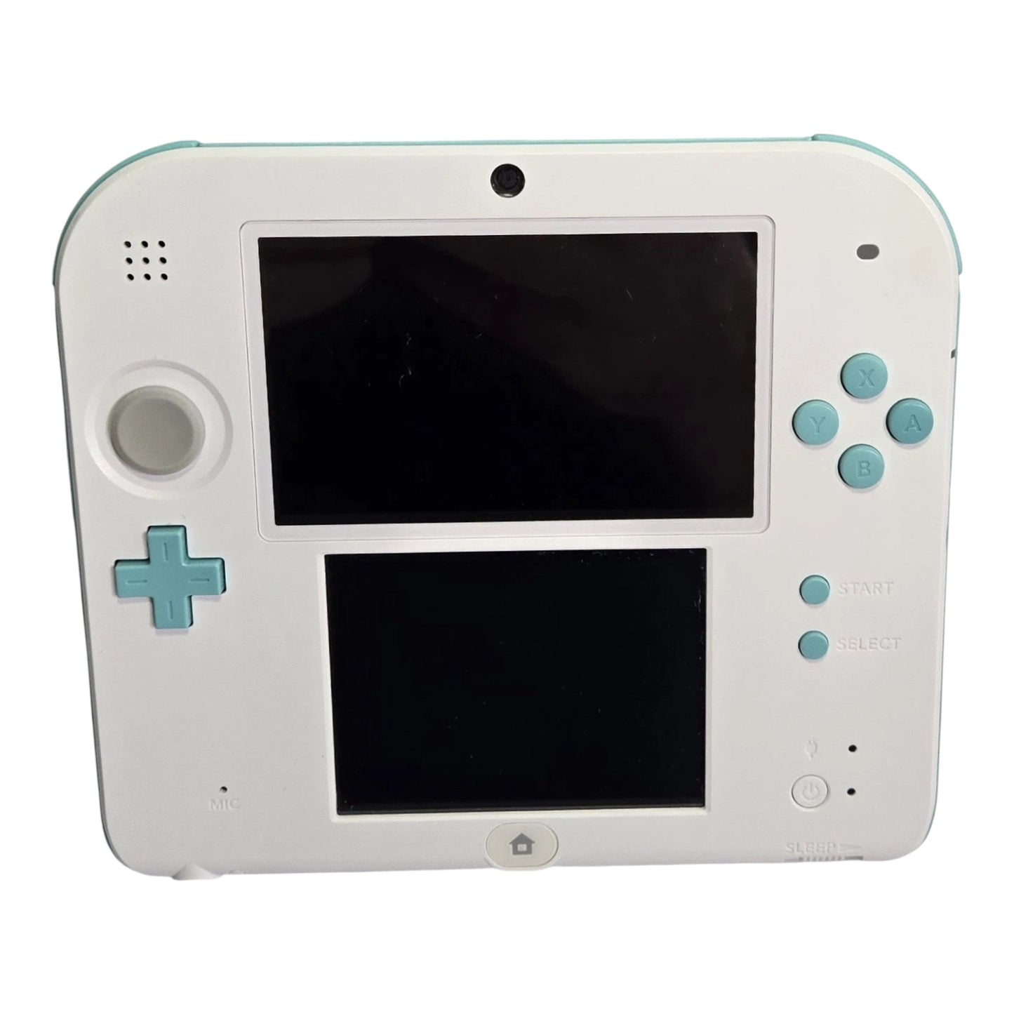 White handheld gaming device with blue accents on a white background