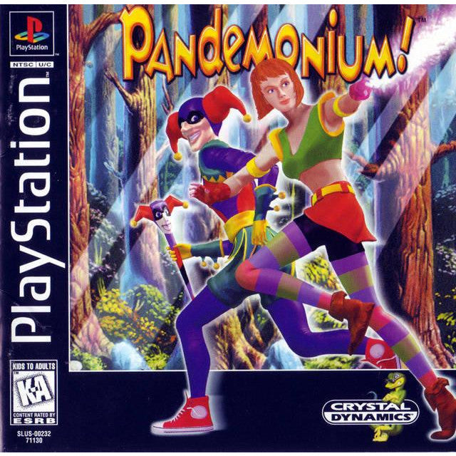 PlayStation game cover of 'Pandemonium!' featuring two characters in a forest setting.
