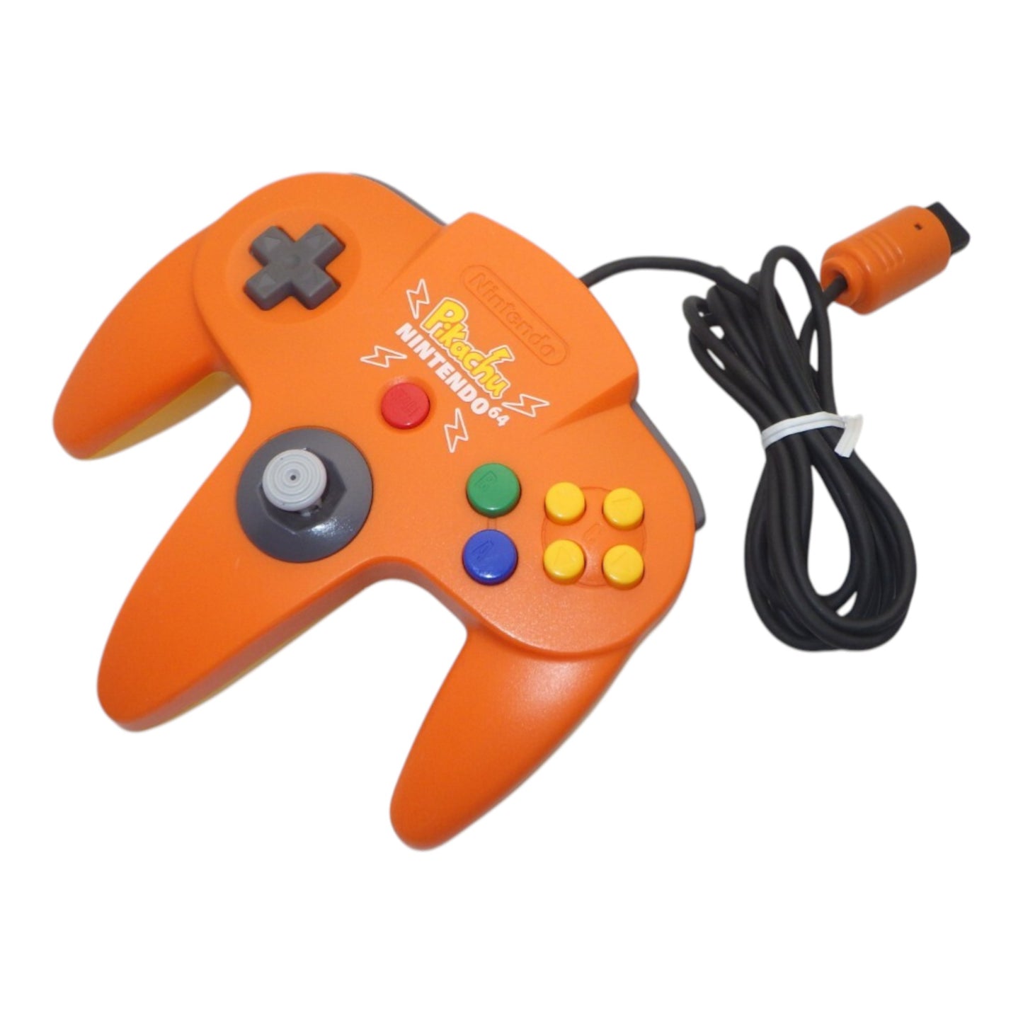 Orange gaming controller with colorful buttons on a white background