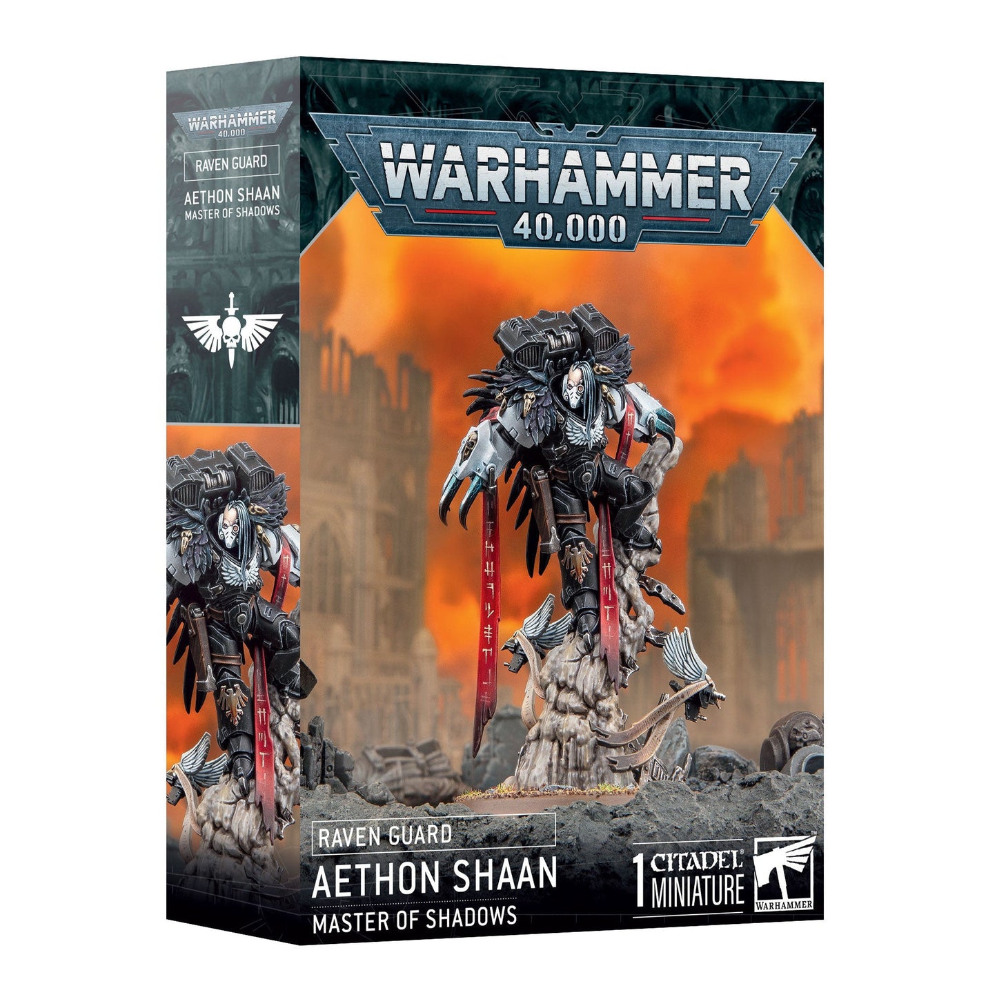 Warhammer 40,000 Raven Guard Aethon Shaan miniature box with fiery background