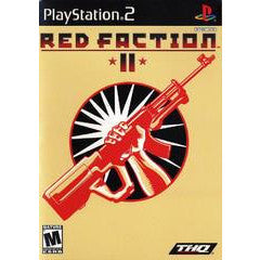 Red Faction II game cover for PlayStation 2 with a red gun graphic on a yellow background.