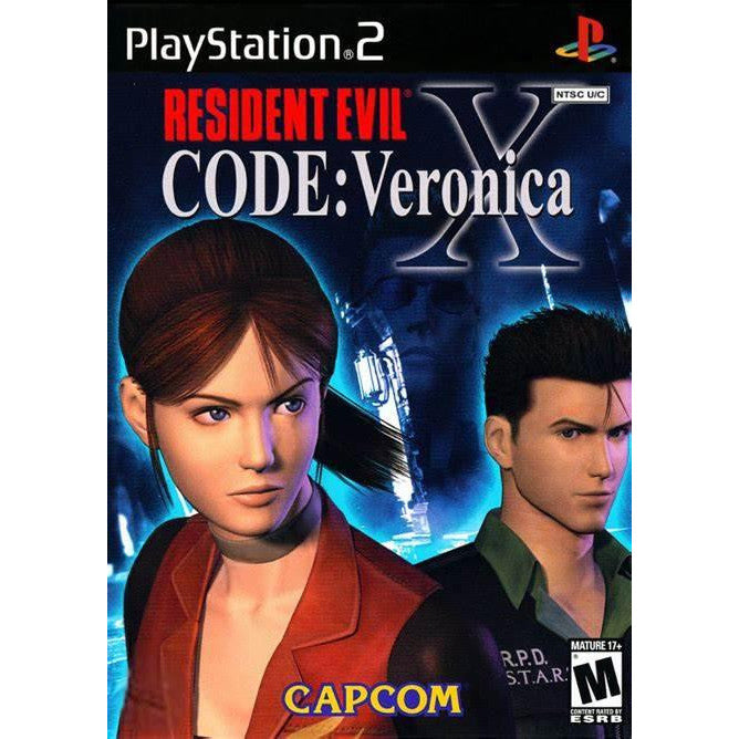 PlayStation 2 game cover of 'Resident Evil Code: Veronica X' with two characters and Capcom logo.