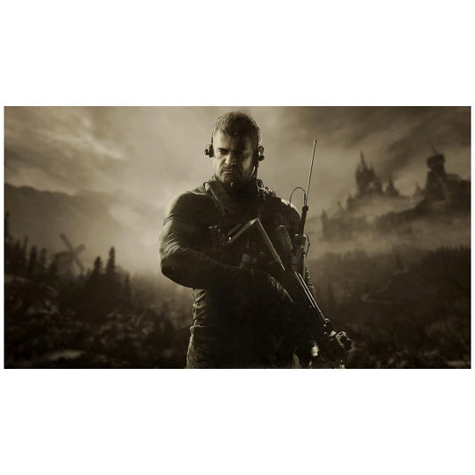 Person holding a rifle in a desolate landscape with a cloudy sky.