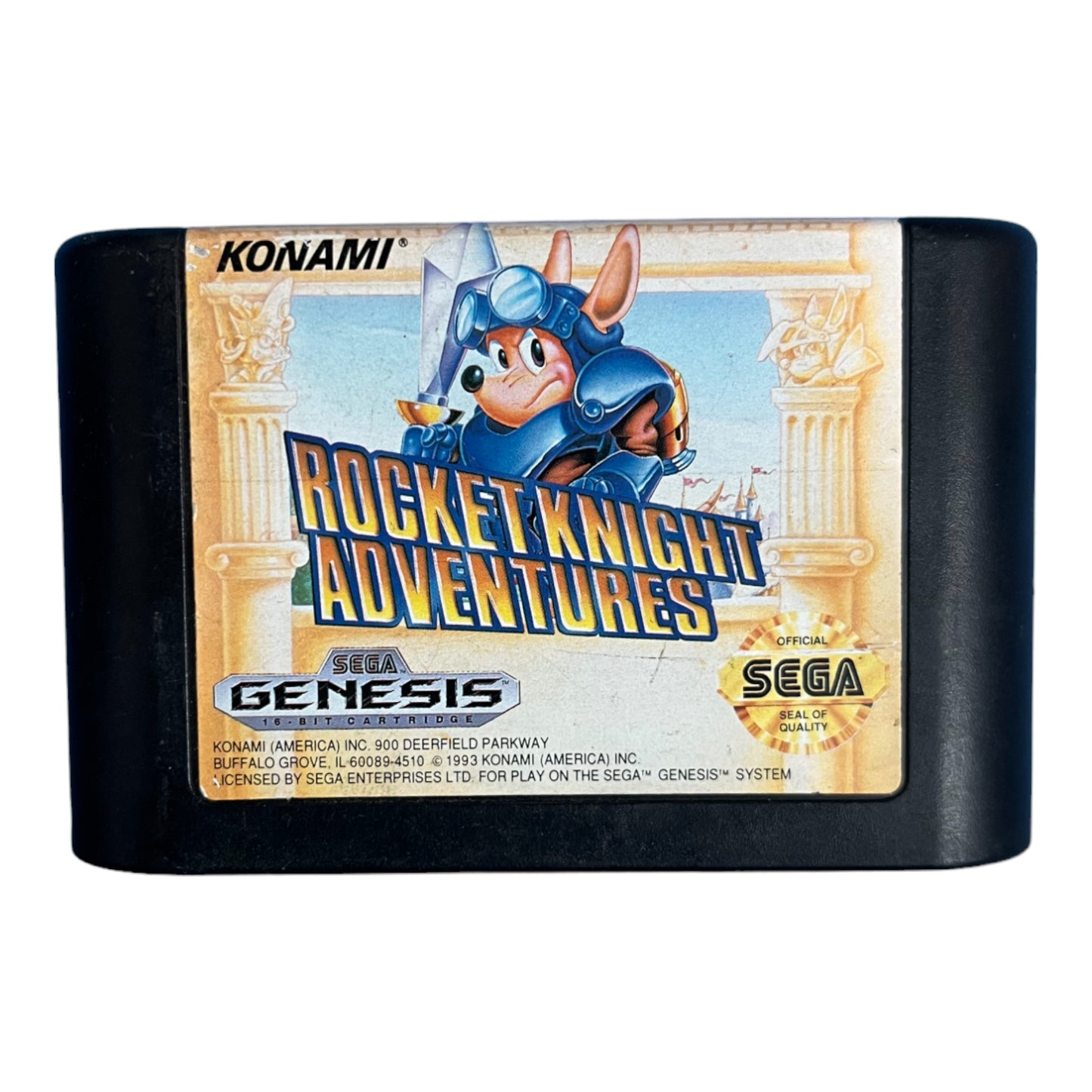 Sega Genesis game cartridge for 'Rocket Knight Adventures' by Konami on a white background