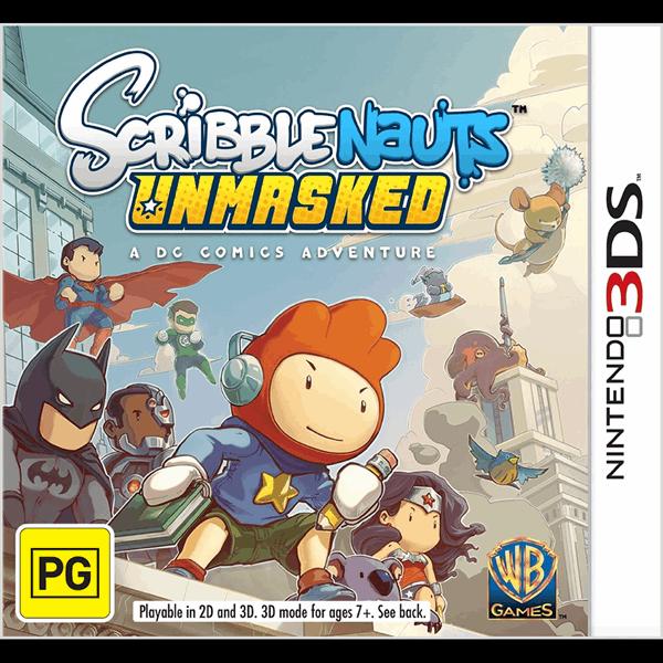 Scribblenauts Unmasked game cover for Nintendo 3DS with characters and logos.