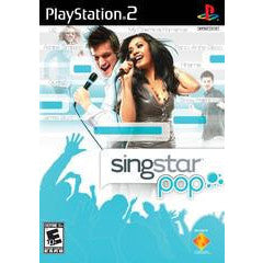 PlayStation 2 game cover for SingStar Pop featuring two people singing on a stage with a crowd in the background.