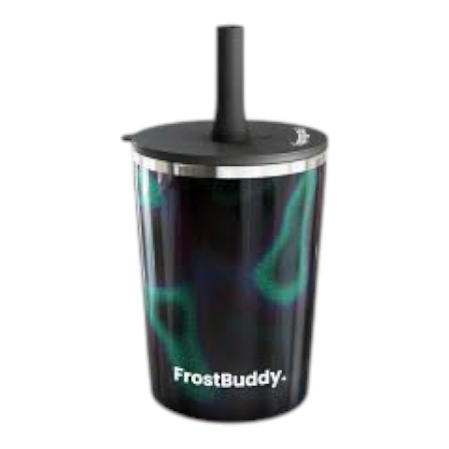 Black insulated tumbler with a straw lid featuring FrostBuddy branding on a white background.