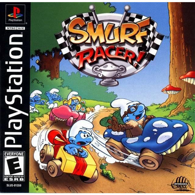 PlayStation game cover of 'Smurf Racer' featuring cartoon characters racing.