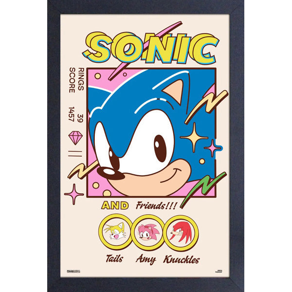Sonic the Hedgehog poster with character and friends names on a beige background