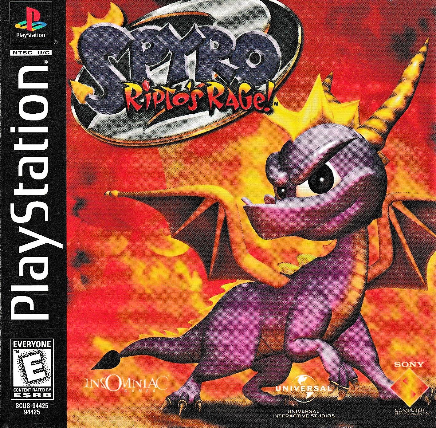 PlayStation game cover of 'Spyro: Ripto's Rage!' with a purple dragon character on an orange and red background.