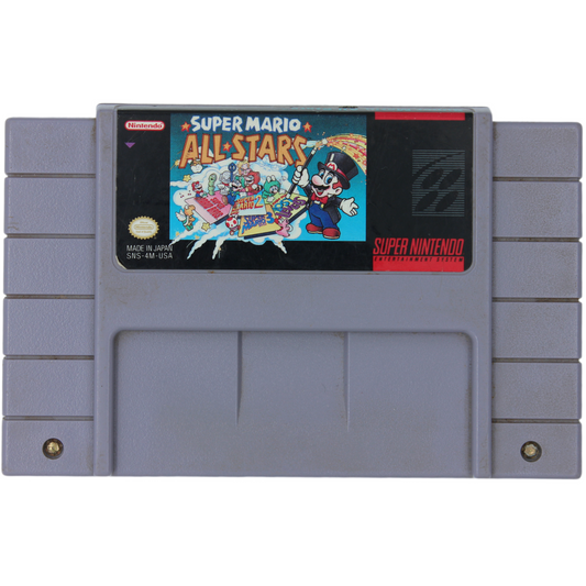 Super Nintendo game cartridge for 'Super Mario All-Stars' on a white background