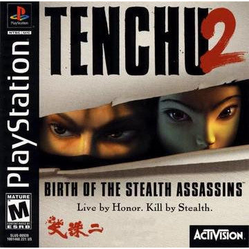Box art for 'Tenchu 2' PlayStation game with two characters' faces and Activision logo.