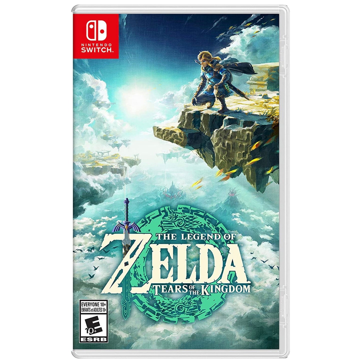 Game case for 'The Legend of Zelda: Tears of the Kingdom' on Nintendo Switch with character on a cliff.