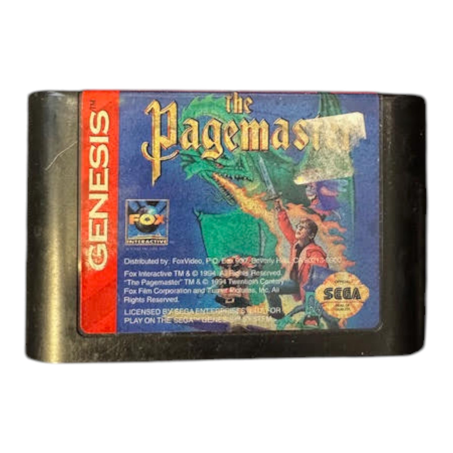Sega Genesis game cartridge for 'The Pagemaster' with colorful artwork on a white background