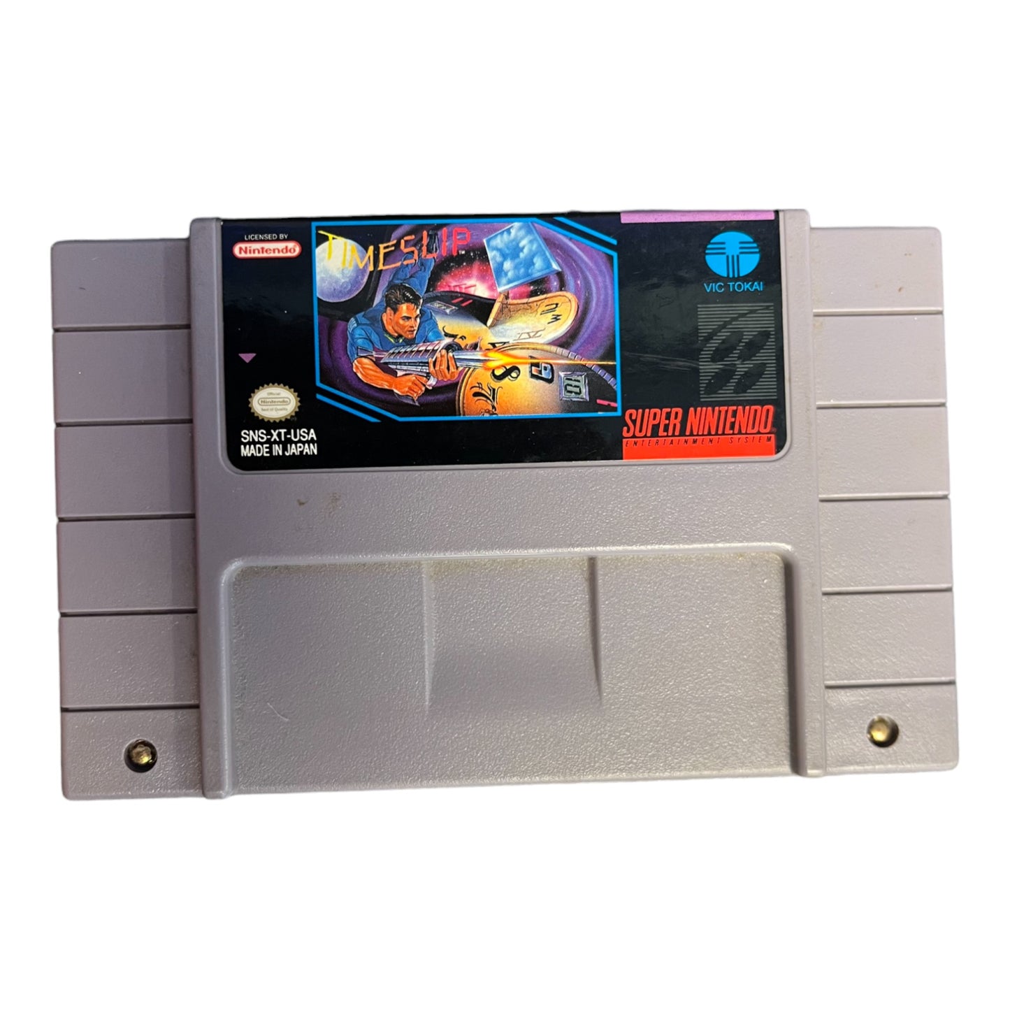 Super Nintendo game cartridge with 'Timeslip' on a white background