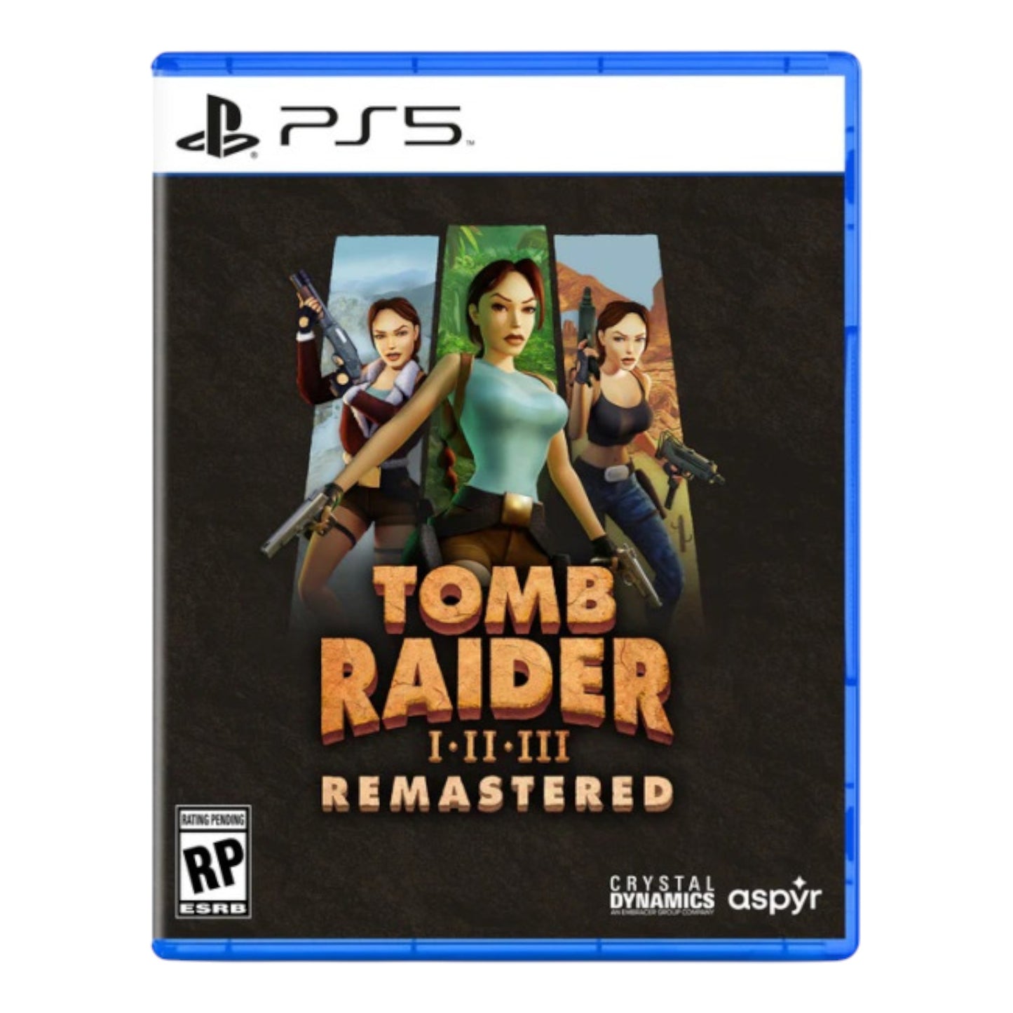 PlayStation 5 game case for 'Tomb Raider I-III Remastered' with characters and branding.
