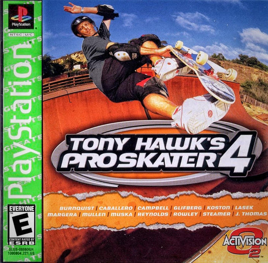 Game cover of 'Tony Hawk's Pro Skater 4' for PlayStation with a skateboarder in mid-air.