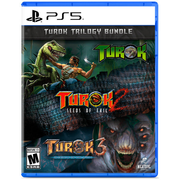 Turok Trilogy Bundle for PS5 with characters and dinosaurs on the cover