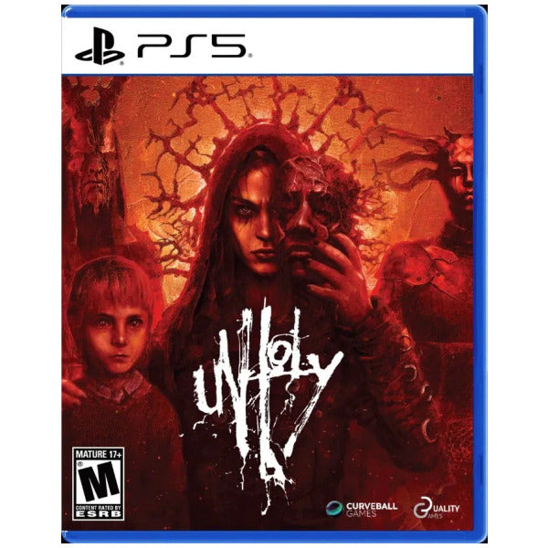 PlayStation 5 game disc cover for 'Unholy' with a woman and child in a dark, eerie setting.