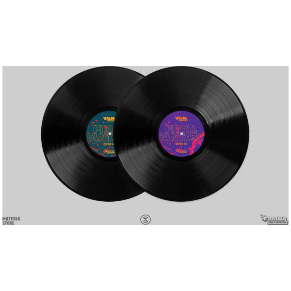 Two black vinyl records with colorful labels on a gray background