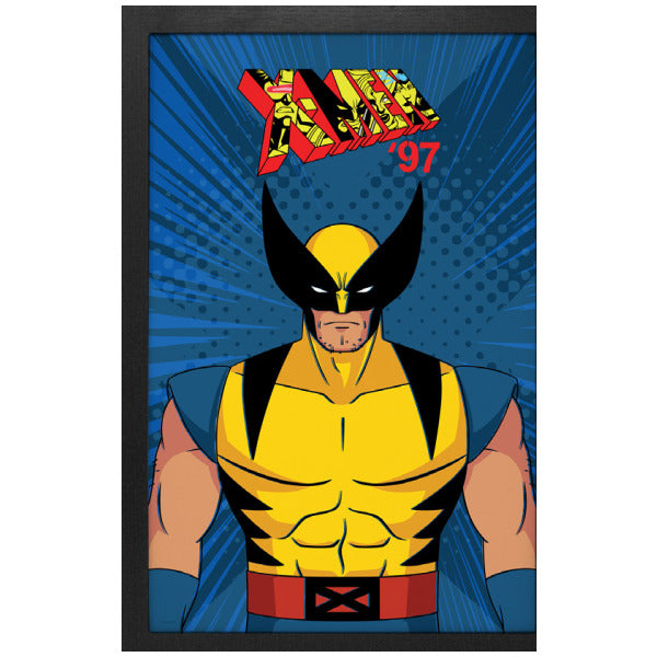 Comic-style illustration of a superhero with a blue background