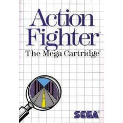 Advertisement for 'Action Fighter' Sega Mega Cartridge on a grid background