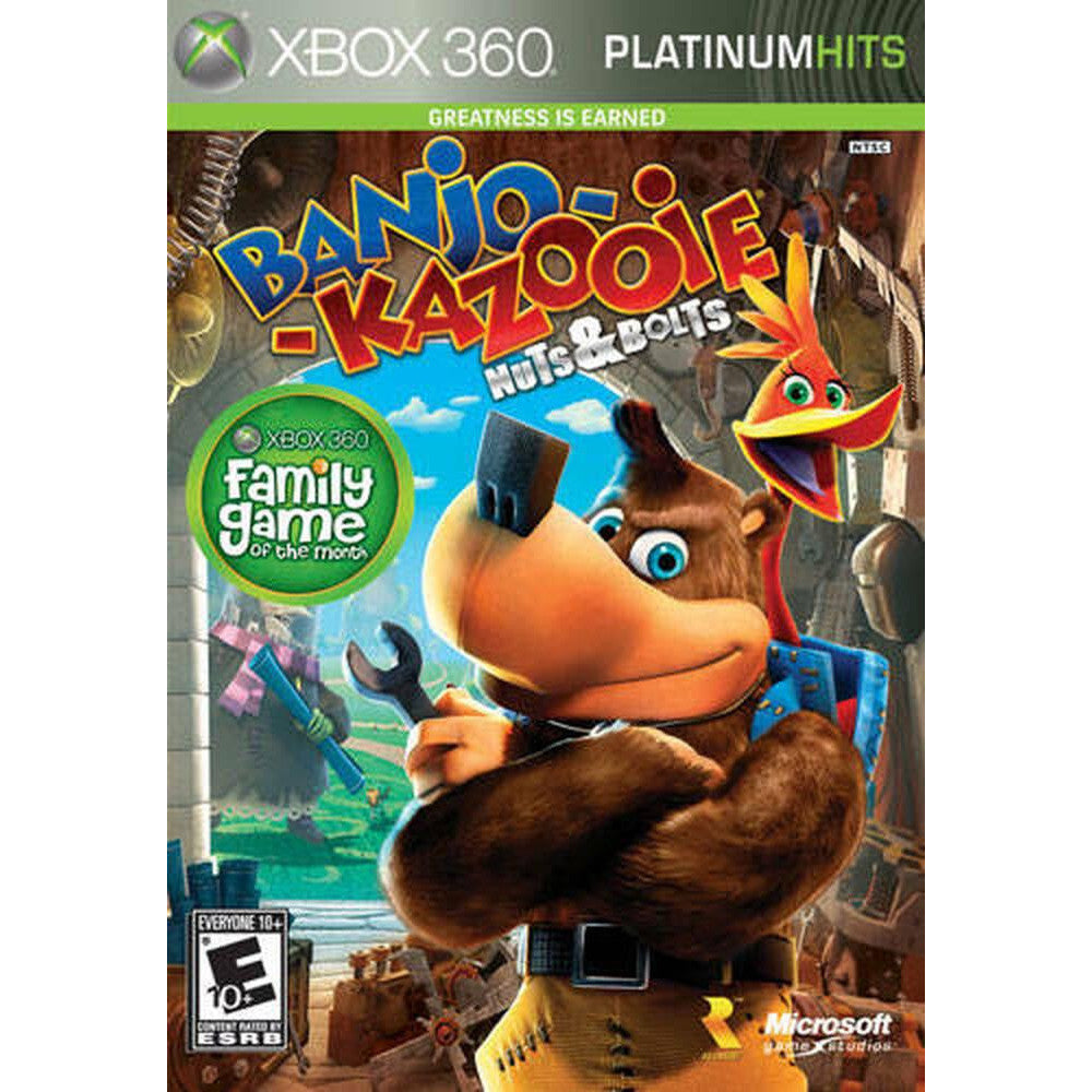 Xbox 360 game cover for 'Banjo-Kazooie Nuts & Bolts' with characters and branding.